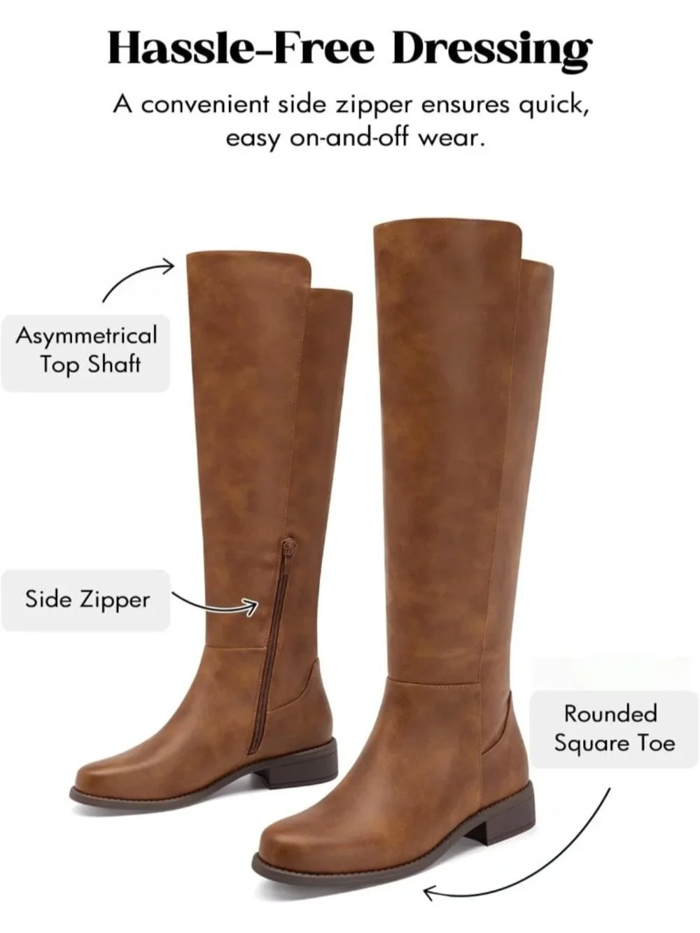 Women's Dark Brown Pu Chunky Block Low Heel Round Toe Side Zipper Knee High Boot
